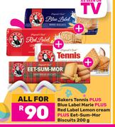 Bakers Tennis Plus Blue Label Marie Plus Red label Lemon Cream Plus Eet-Sum-Mor Biscuits 200g-For Al
