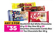 Nestle Kit Kat White Chocolate 41g Or Bar One 52g Or Smarties Chocolate Candy Box -For Any 3