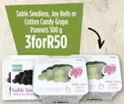 Sable Seedless, Joy Bells Or Cotton Candy Grape Punnets 300g-For 3