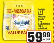 Sunlight 2 In 1 Hand Washing Powder-3Kg & Laundry Bar-500g Value Pack-Per Pack
