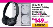 Sony Compact Folding On Ear Aux Headphones Black Or White-Each