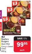 I&J Beefers Burgers (Beef, Mild Curry Or Sweet Chilli)-800g Each