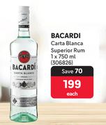 Bacardi Carta Blanca Superior Rum-750ml Each