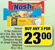 Beacon TV Bar,Niki,Nosh Jelly Tots(White Bar),Damascus Nougat Or Jungle Energy Bar-3x40g/48g