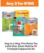 Hug In A Mug, Five Roses Tea Latte Chai, Green Matcha Or Freshpak Cappuccino 8s-For Any 2