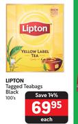 Lipton Tagged Teabags Black-100's Each
