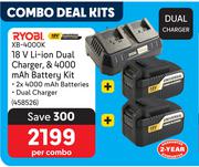 Ryobi 18V Li-Ion Dual Charger & 4000 mAh Battery Kit XB-4000K-Per Combo