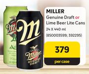 Miller Genuine Draft Or Lime Beer Lite Cans-24 x 440ml Per Case