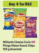 Willards Cheese Curls Or Flings Maize Snack Chips Assorted-For 4 x 150g