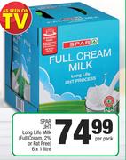 Spar UHT Long Life Milk (Full Cream, 2% Or Fat Free)-6 x 1Ltr Per Pack
