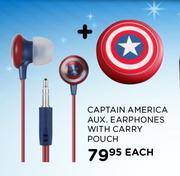 Marvel Captain America Aux, Earphones With Carry Pouch-Each