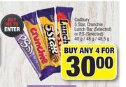 Cadbury 5 Star, Crunchie, Lunch Bar (Selected) Or P.S (Selected)-For Any 4 x 40g/48g/48.5g