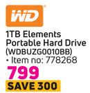 WD 1TB Elements Portable Hard Drive WDBUZG0010BB