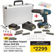 Ryobi 18V Cordless Impact Driver Drill Kit XLD-1860K