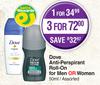 Dove Anti-Perspirant Roll-On For Men Or Women Assorted-50ml Each