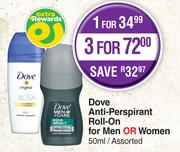 Dove Anti-Perspirant Roll-On For Men Or Women Assorted-50ml Each