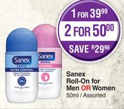 Sanex Roll-On For Men Or Women Assorted-50ml Each