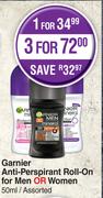 Garnier Anti Perspirant Roll On For Men Or Women Assorted-50ml Each