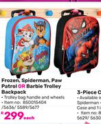 Frozen, Spiderman, Paw Patrol Or Barbie Trolley Backpack-Each