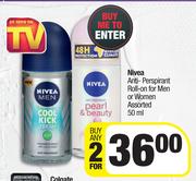 Nivea Anti-Perspirant Roll On For Men Or Women Assorted-For Any 2 x 50ml