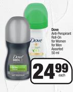 Dove Anti Perspirant Roll On For Women For Men Assorted-50ml Each