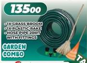 1 x Grass Broom, 1 x Plastic Rake, Hose Pipe 20m With Fittings-Garden Combo