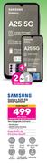 2 x Samsung Galaxy A25 5G Smartphone-On 1.2GB Red Top Up Core More Data + On Promo 75