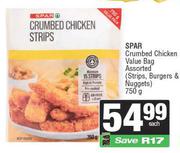 Spar Crumbed Chicken Value Bag (Strips, Burgers & Nuggets) Assorted-750g Each