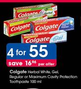 Colgate Herbal White, Gel, Regular Or Maximum Cavity Protection Toothpaste-4x100ml Per Offer