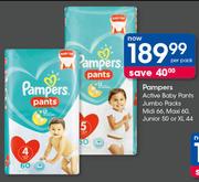 Pampers Active Baby Pants Jumbo Packs Midi 66, Maxi 60, Junior 50 Or XL 44-Per Pack