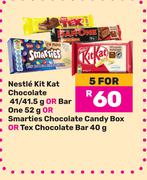 Nestle KitKat Chocolate 41/41.5g/Bar One 52g/Smarties Chocolate Candy Box/Tex Chocolate Bar 40g-For5