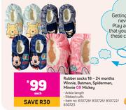 Rubber Socks 18-24 Months Winnie, Batman, Spiderman, Minnie Or Mickey-Each