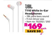 JBL T110 White In-Ear Headphones-Each