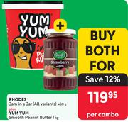 Rhodes Jam In A Jar (All Variants) 460g Plus Yum Yum Smooth Peanut Butter 1Kg-Per Combo