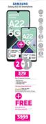 2 x Samsung Galaxy A22 5G Smartphone-On 2GB Red Top Up Core More Data + On Promo 65
