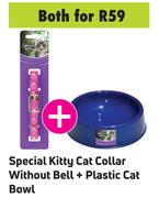 Special Kitty Cat Collar Without Bell + Plastic Cat Bowl-Both For