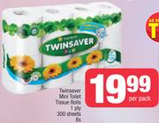 Twinsaver Mini Toilet Tissue Rolls 1 Ply 300 Sheets-8s Per Pack