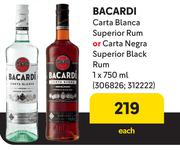 Bacardi Carta Blanca Superior Rum Or Carta Negra Superior Black Rum-750ml Each