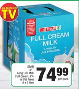 Spar UHT Long Life Milk (Full Cream, 2% Or Fat Free)-6 x 1Ltr Per Pack
