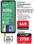 Samsung Galaxy A05s 64GB Dual Sim-On 1.3GB Red Core More Data/50 Min Top Up