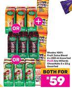 Rhodes 100% Fruit Juice Bend 6 x 200ml Assorted Plus Any Willards Cheas Naks 5 x 22g Assorted-For Bo