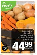 Potatoes-2Kg, Onions-2Kg, Carrots-1Kg & 1 x Loose Butternut (Pre Packed)-Per Combo