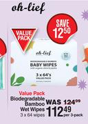Oh-Lief Value Pack Biodegradable Bamboo Wet Wipes 3 x 64 Wipes-Per Pack