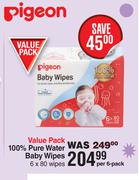 Pigeon Value Pack 100% PUre Water Baby Wipes 6 x 80 Wipes-Per Pack