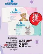Cherubs Sensitive Lightly Fragranced Or Fragrance free Baby Wipes 64 Wipes-Per Pack