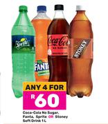 Coca-Cola No Sugar, Fanta, Sprite Or Stoney Soft Drink-For Any 4 x 1Ltr
