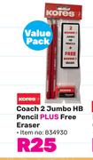 Kores Coach 2 Jumbo HB Pencils Plus free Eraser