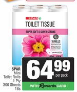 Spar Mini Toilet Rolls 1 Ply 300 Sheets-18s Per Pack