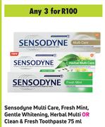 Sensodyne Multi Care,Fresh Mini,Gentle Whitening,Herbal Multi Or Clean & Fresh Toothpaste-3 x 75ml