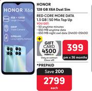 Honor 128GB X6A Dual Sim-On 1.3GB Red Core More Data/50 Min Top Up